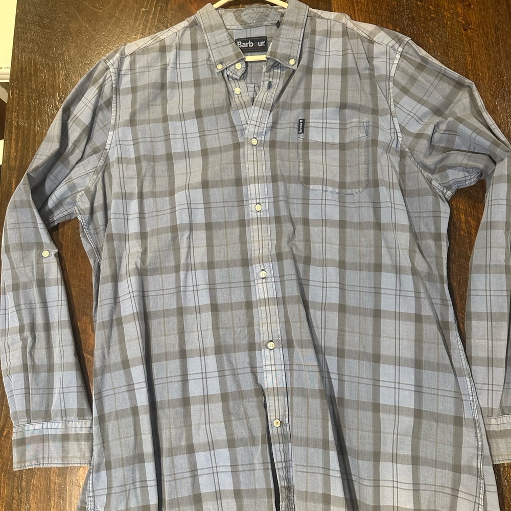 Barbour Men's Faded Gray and Blue Plaid Shirt